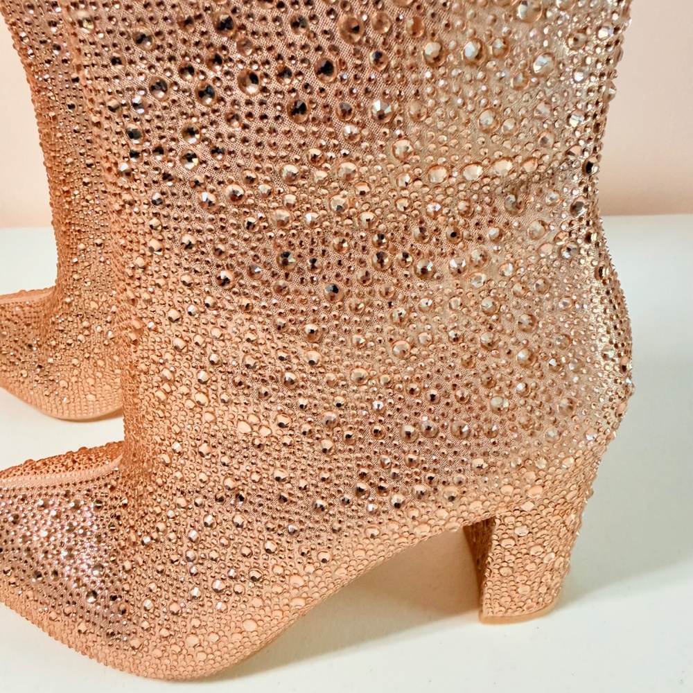 * Berness Rose Gold Ankle Boots With Rhinestone Embellishments 3" Block Heel - Picture 7 of 8